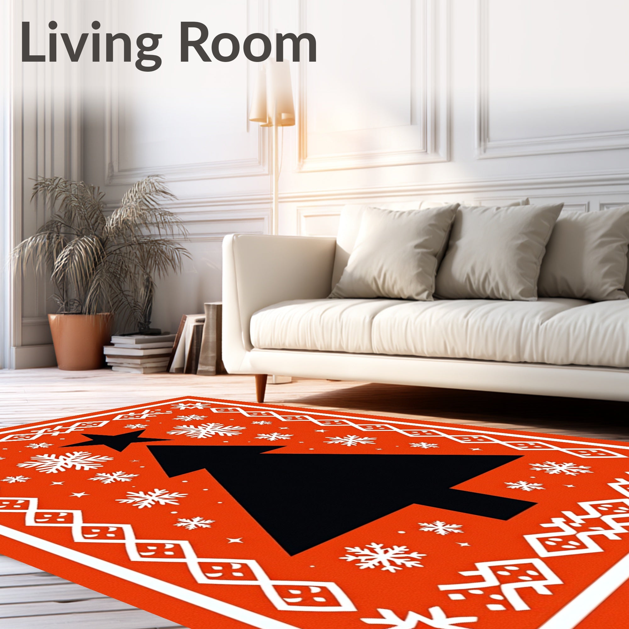 Festive Red Black Pine Snowflakes Star Rug