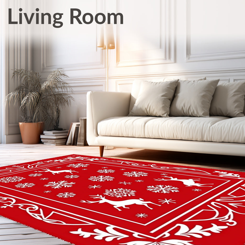 Red White Reindeer Snowflake Border Rug