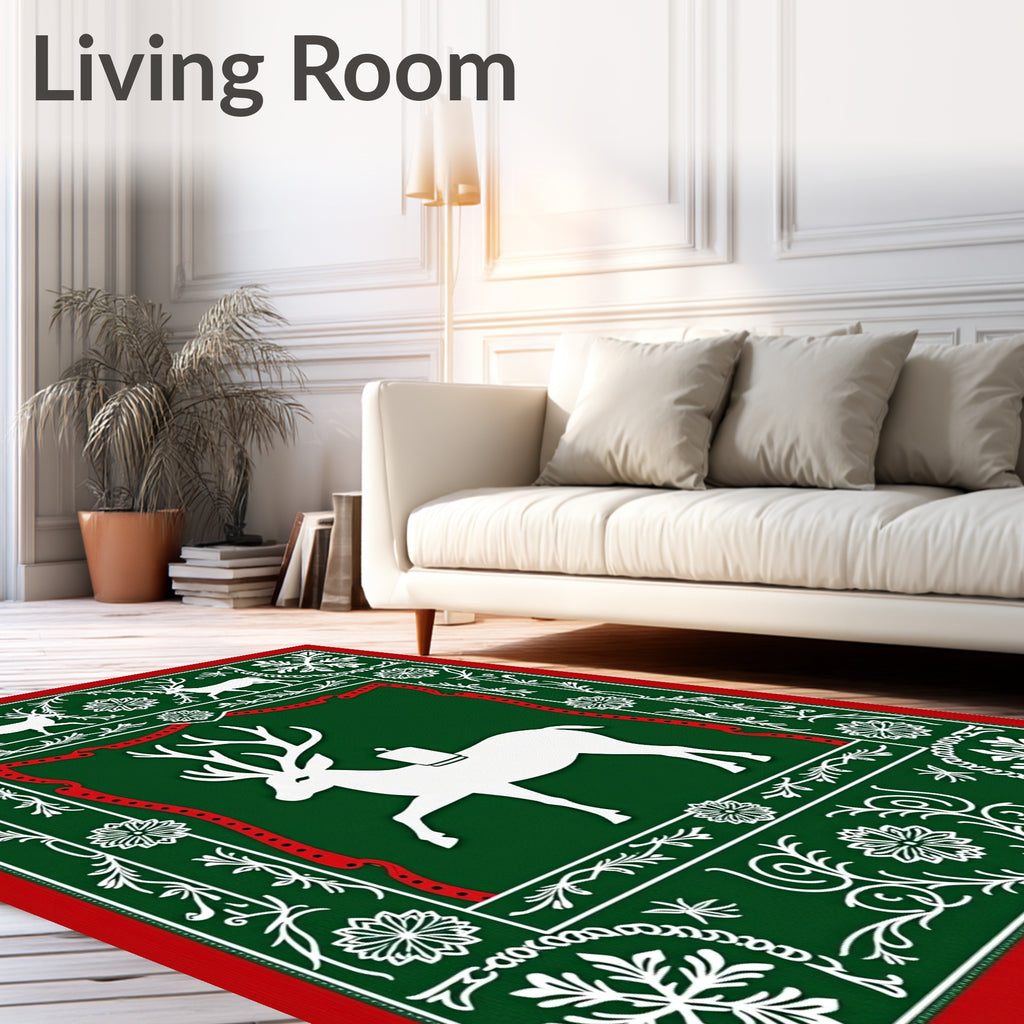 Festive Red Green White Reindeer Frame Rug