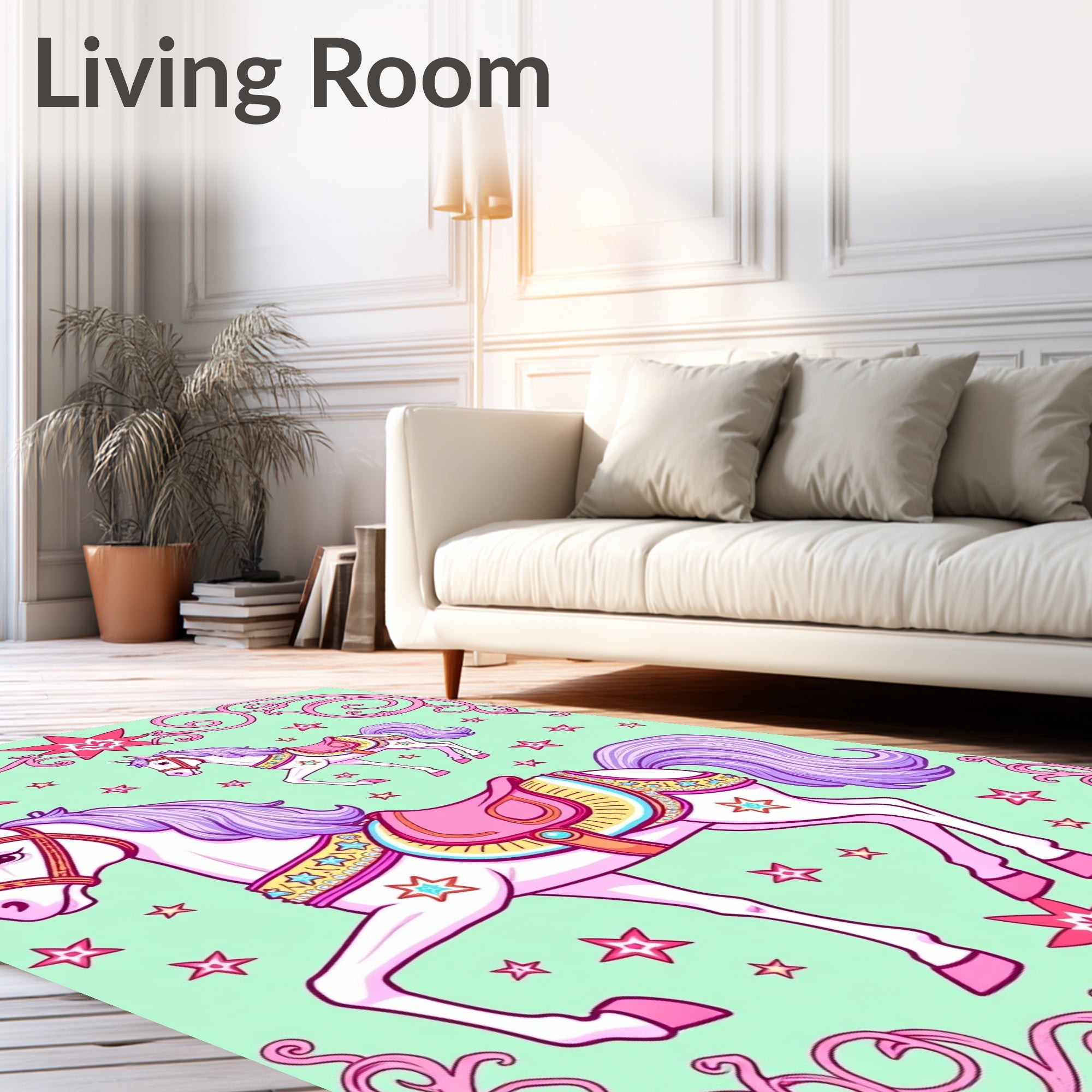 Whimsical Pink Carousel Horses Stars Rug
