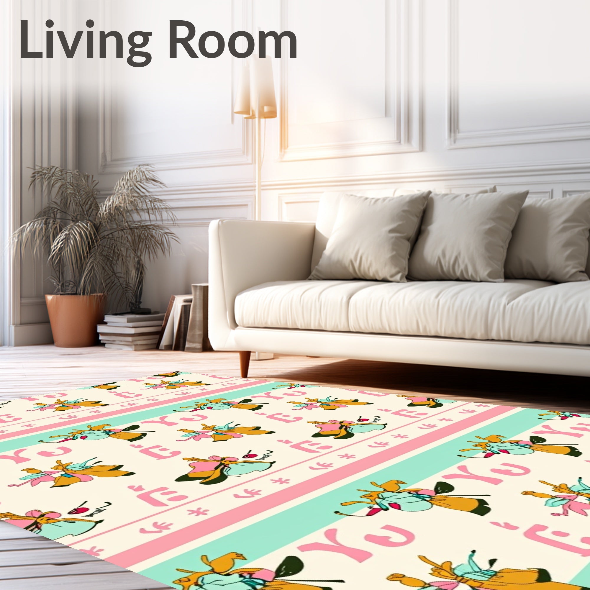 Whimsical Figures Stripes Yellow Pink Mint Rug