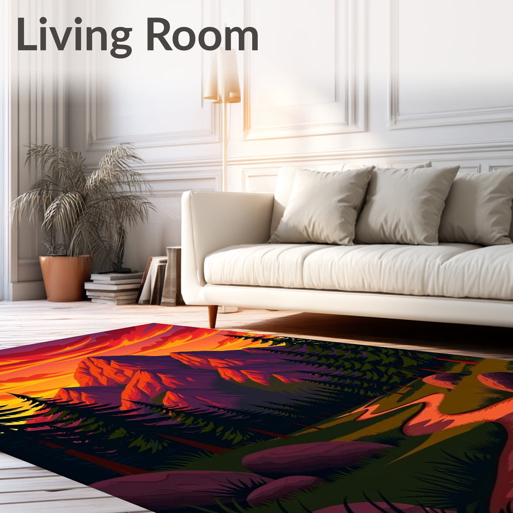 Vibrant Sunset Mountain Forest Path Rug