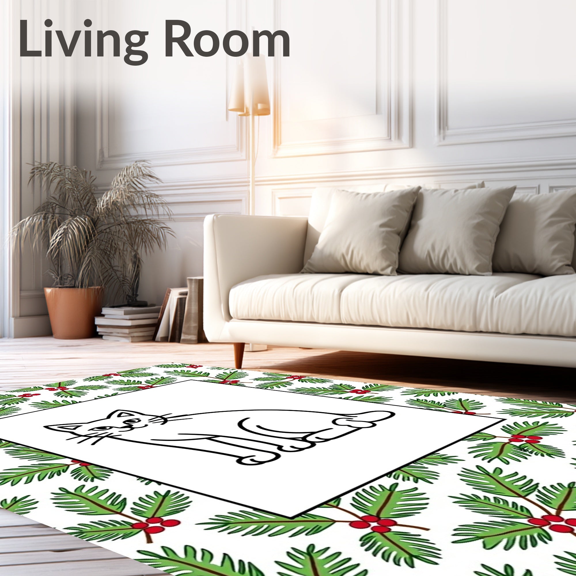 Cute Feline Holly Berries Border Rug