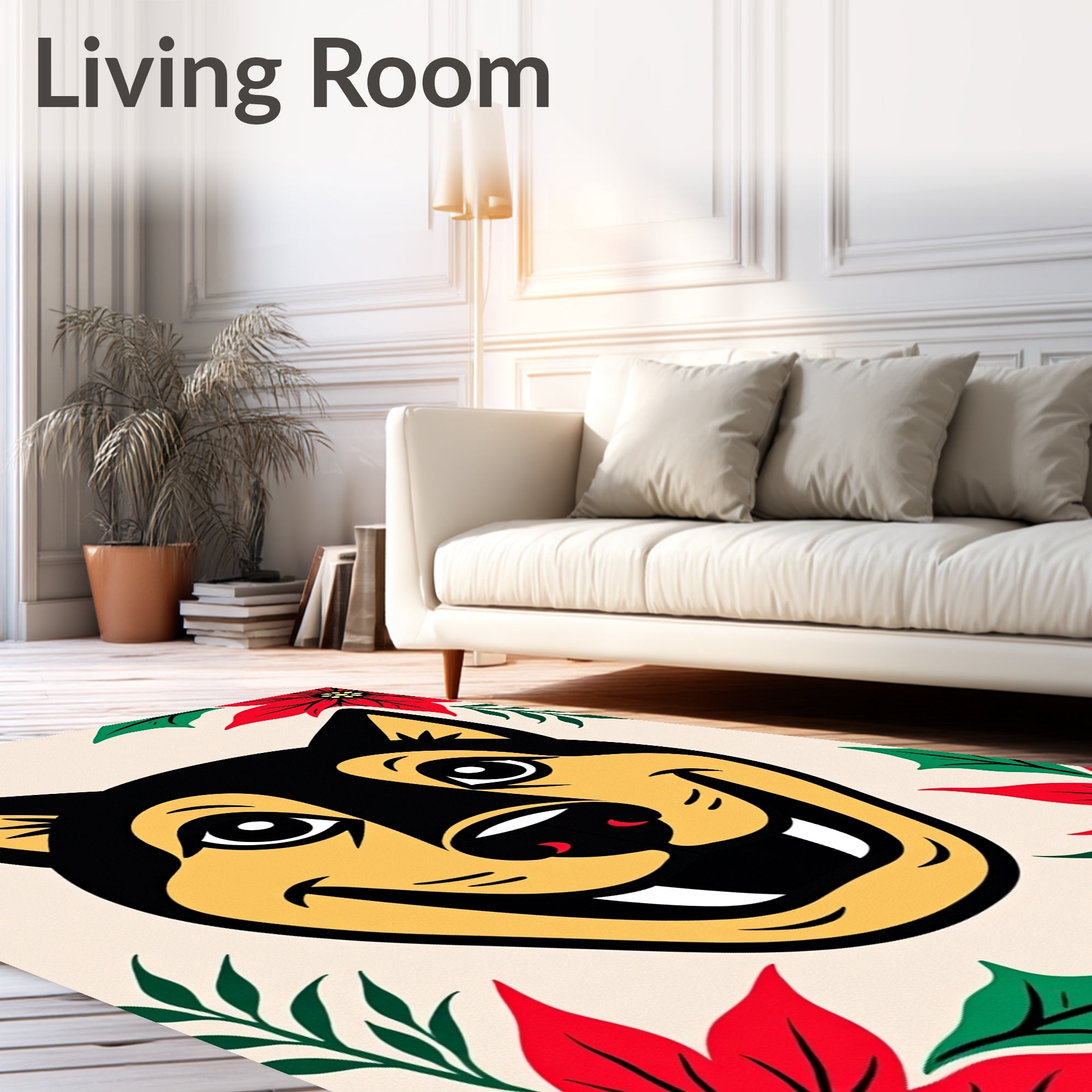 Smiling Dog With Red Poinsettia Border Rug
