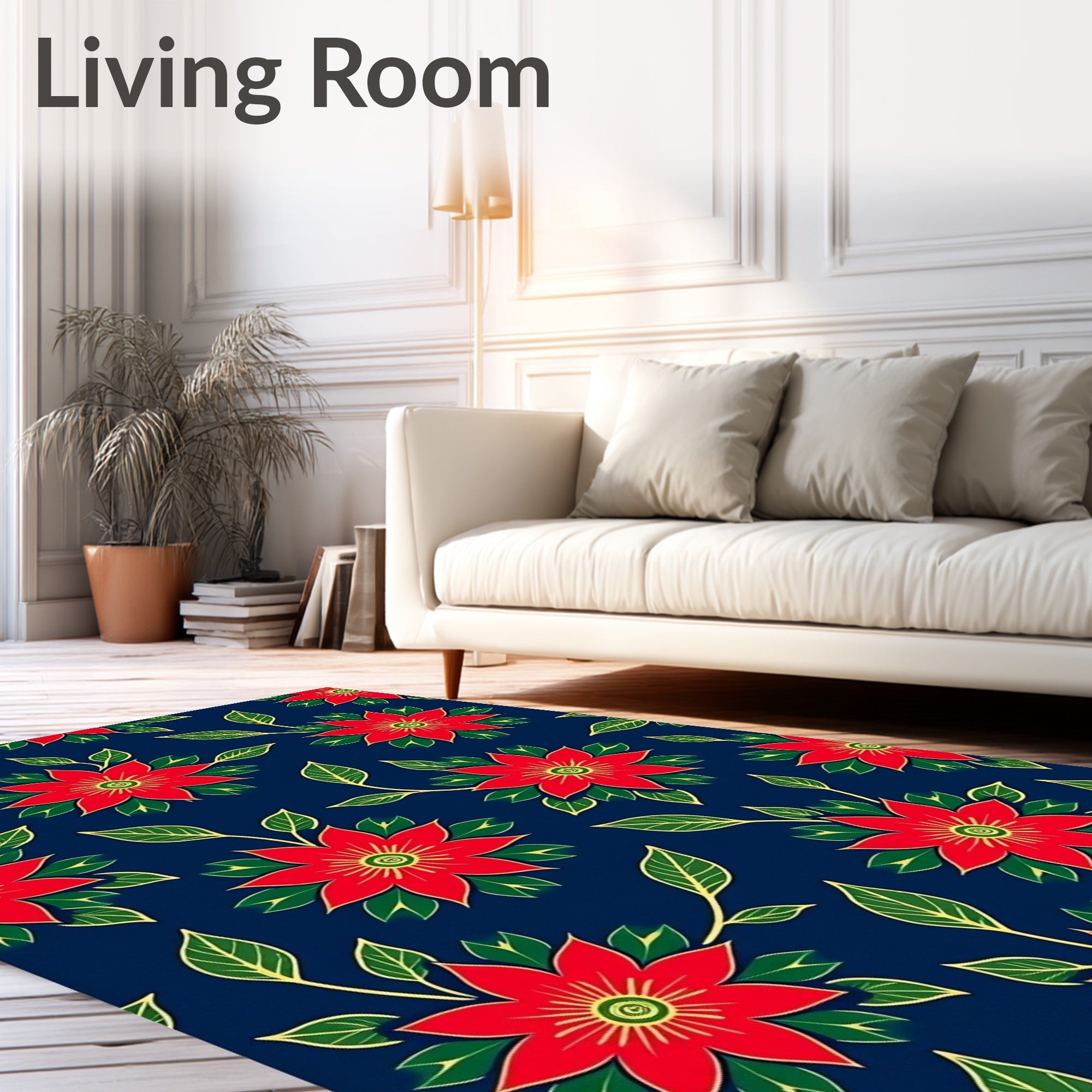 Red Floral Vine Dark Blue Rug