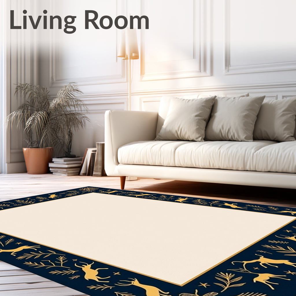Golden Deer Navy Foliage Border Rug