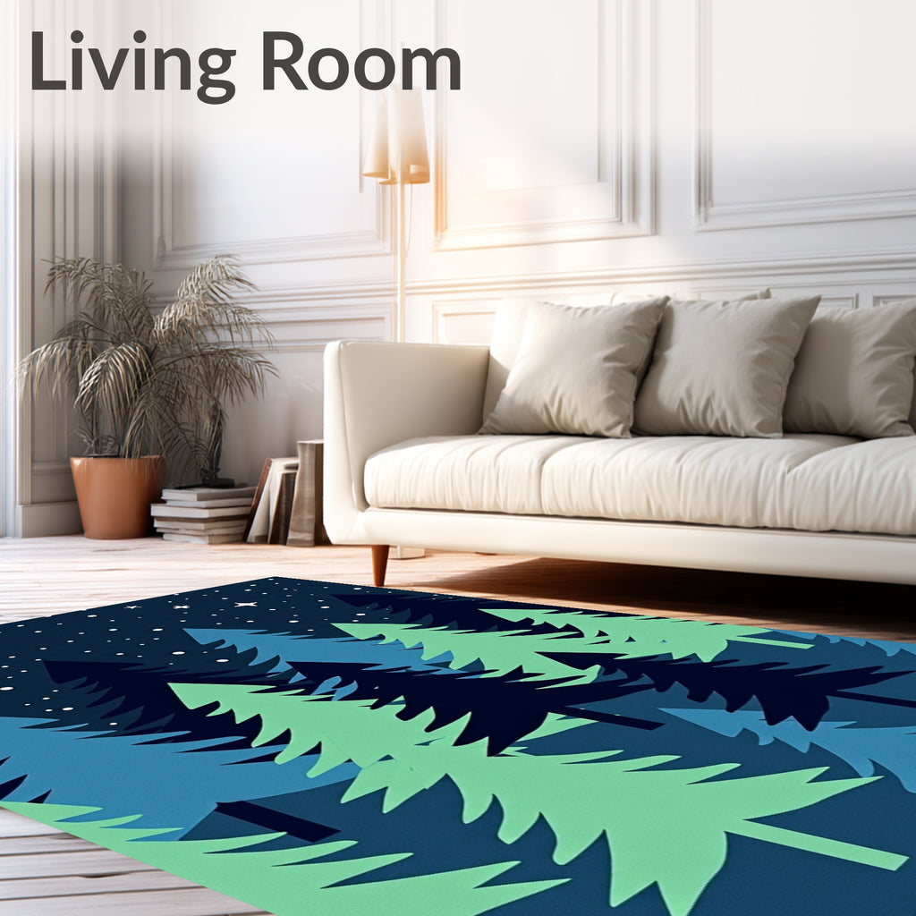 Night Forest Blue Green Trees Stars Rug