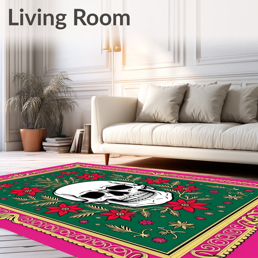 Dark Green Skull Floral Frame Rug