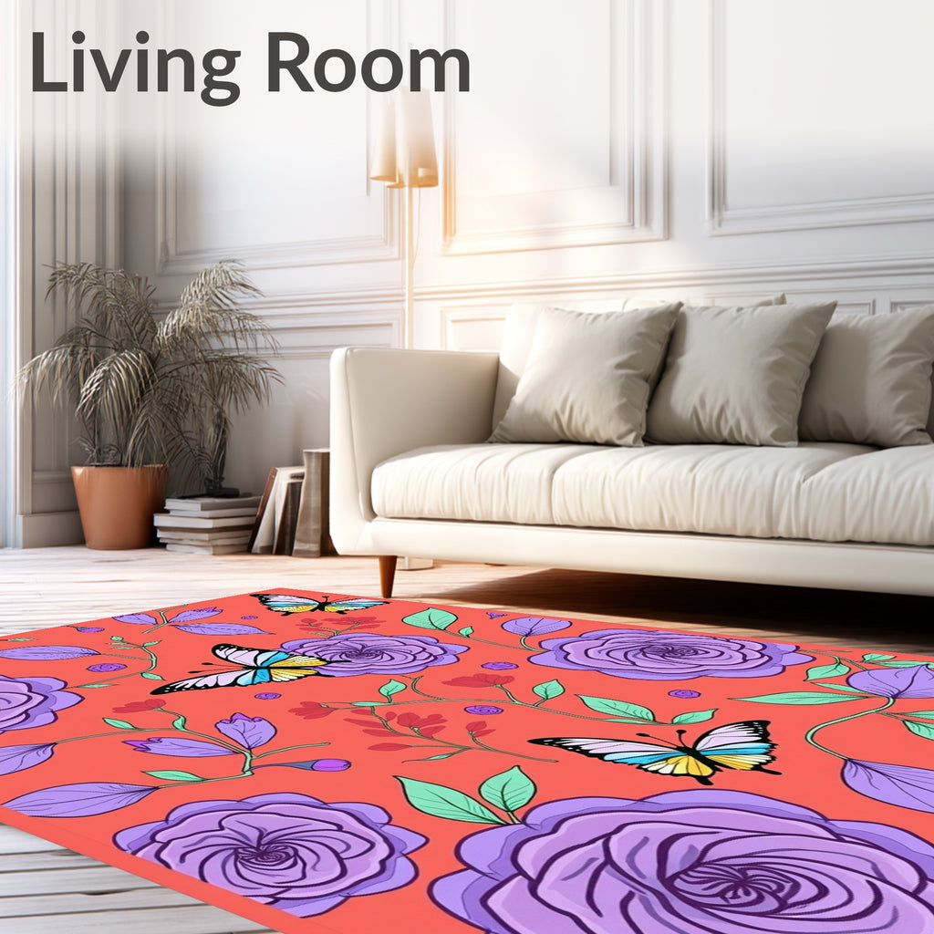 Coral Lilac Roses Butterfly Garden Rug