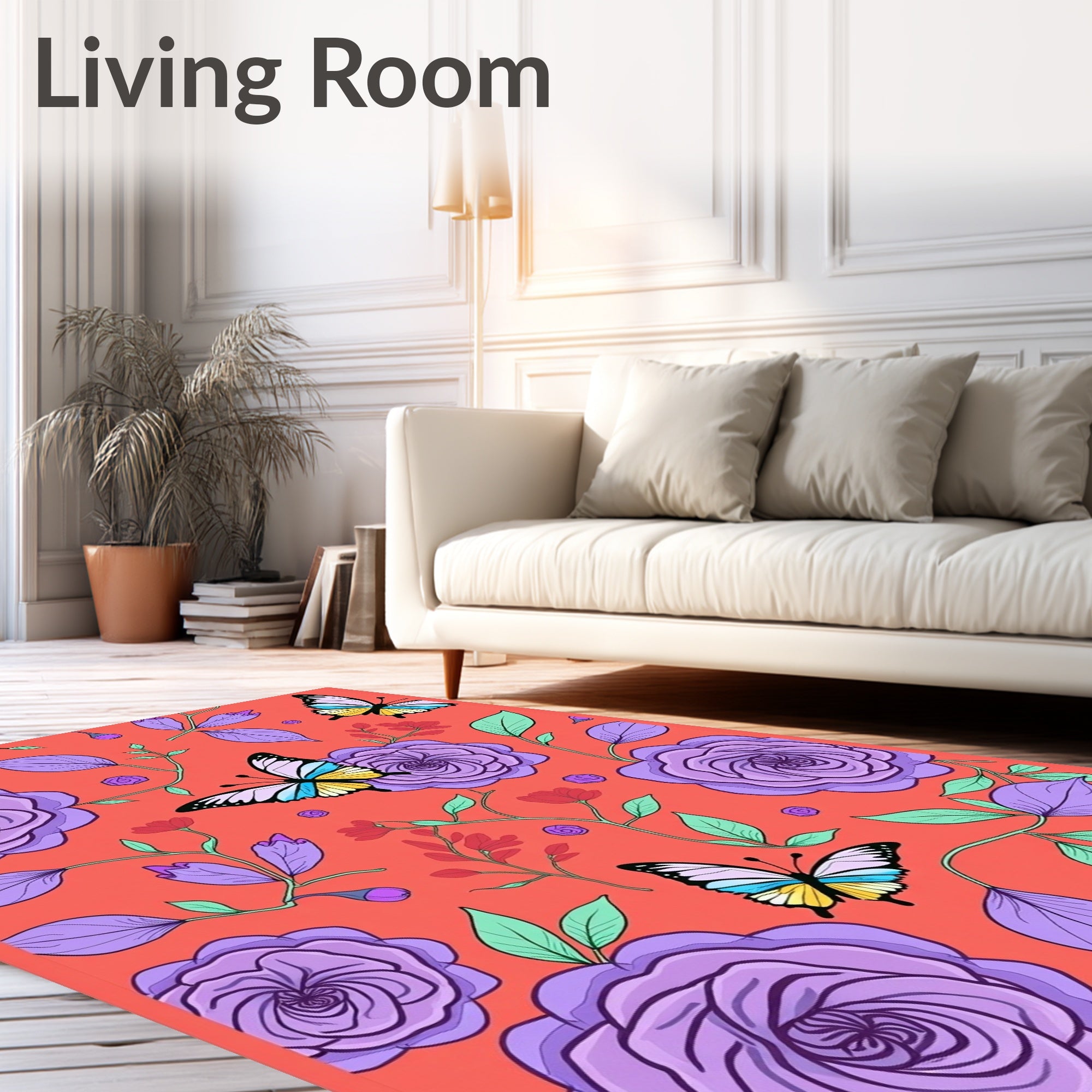 Coral Lilac Roses Butterfly Garden Rug