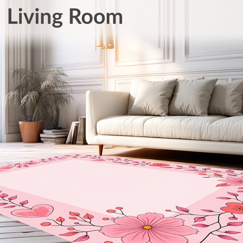 Pink Hearts Floral Vine Border Rug