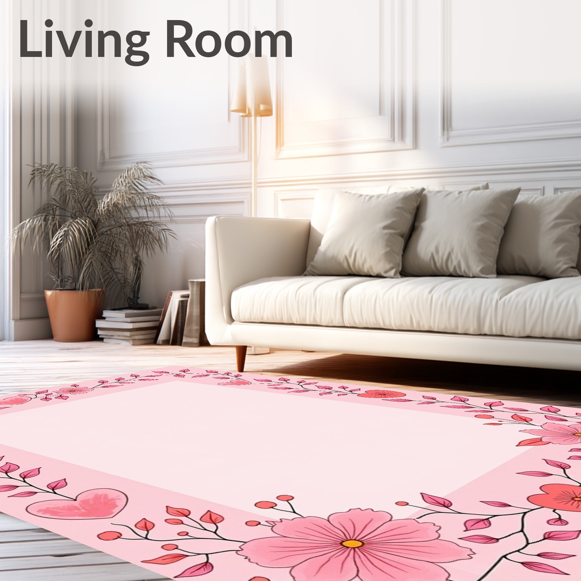 Pink Hearts Floral Vine Border Rug