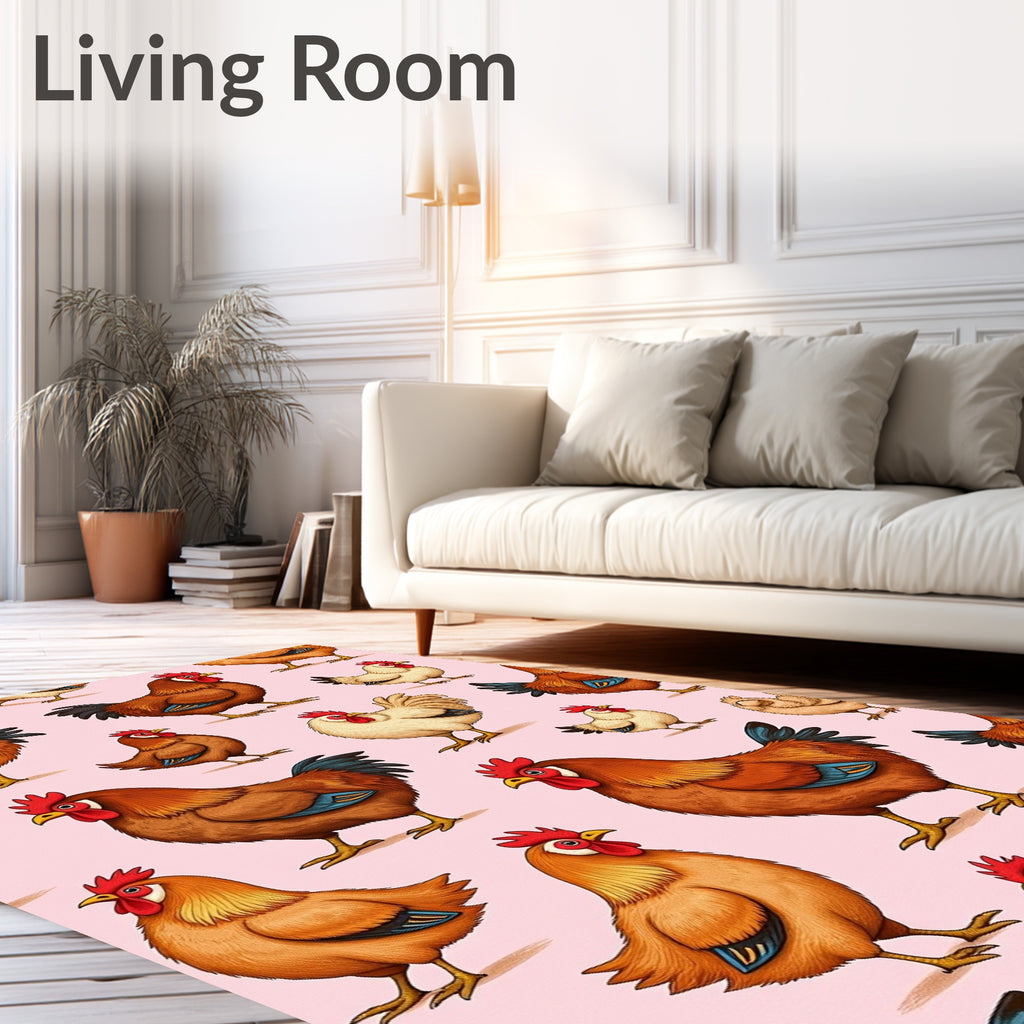 Farmhouse Chickens Pink Repeating Pattern Rug