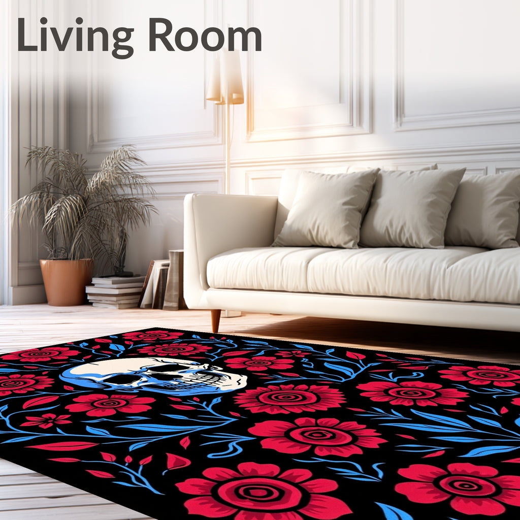 Crimson Floral Skull Black Ground Rug