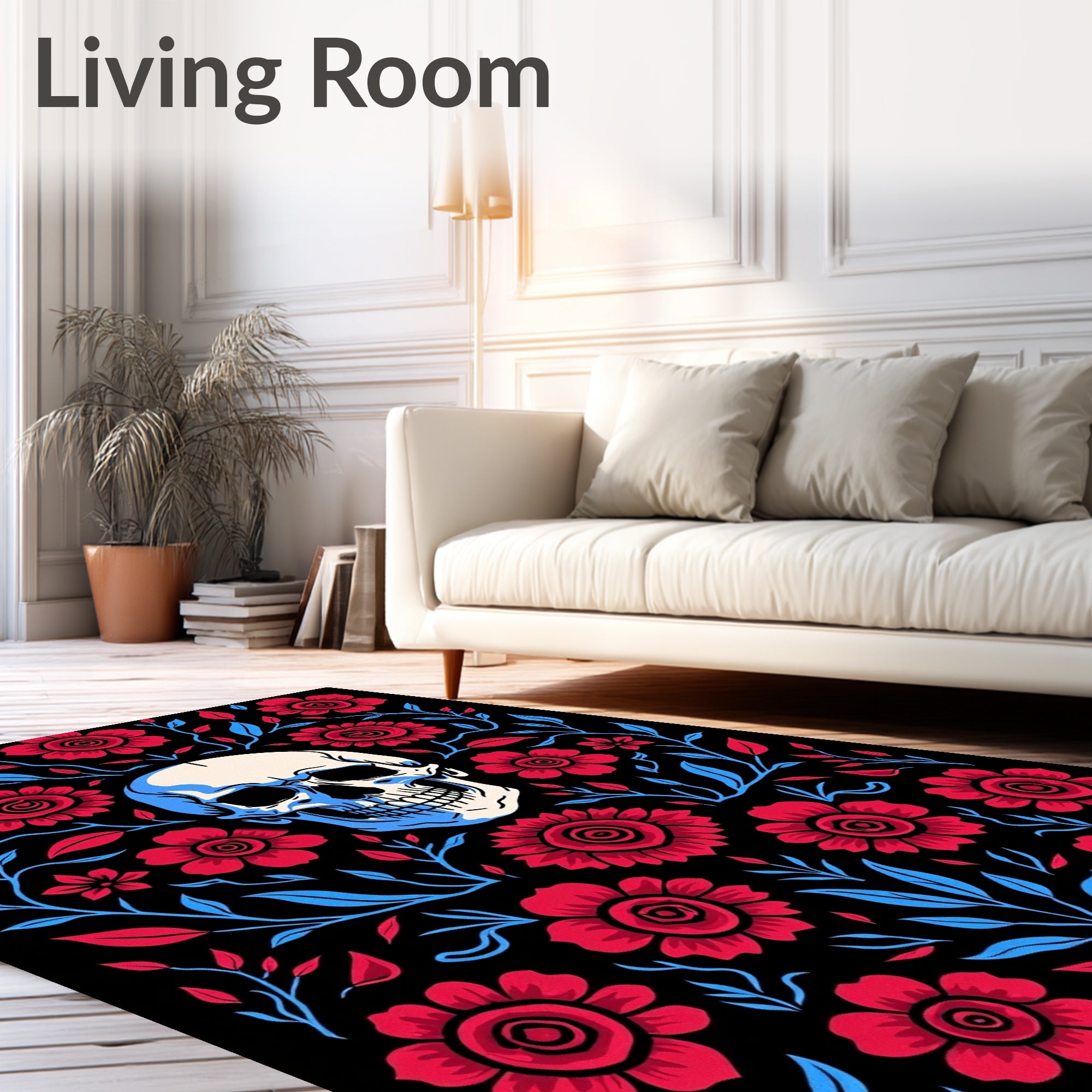Crimson Floral Skull Black Ground Rug