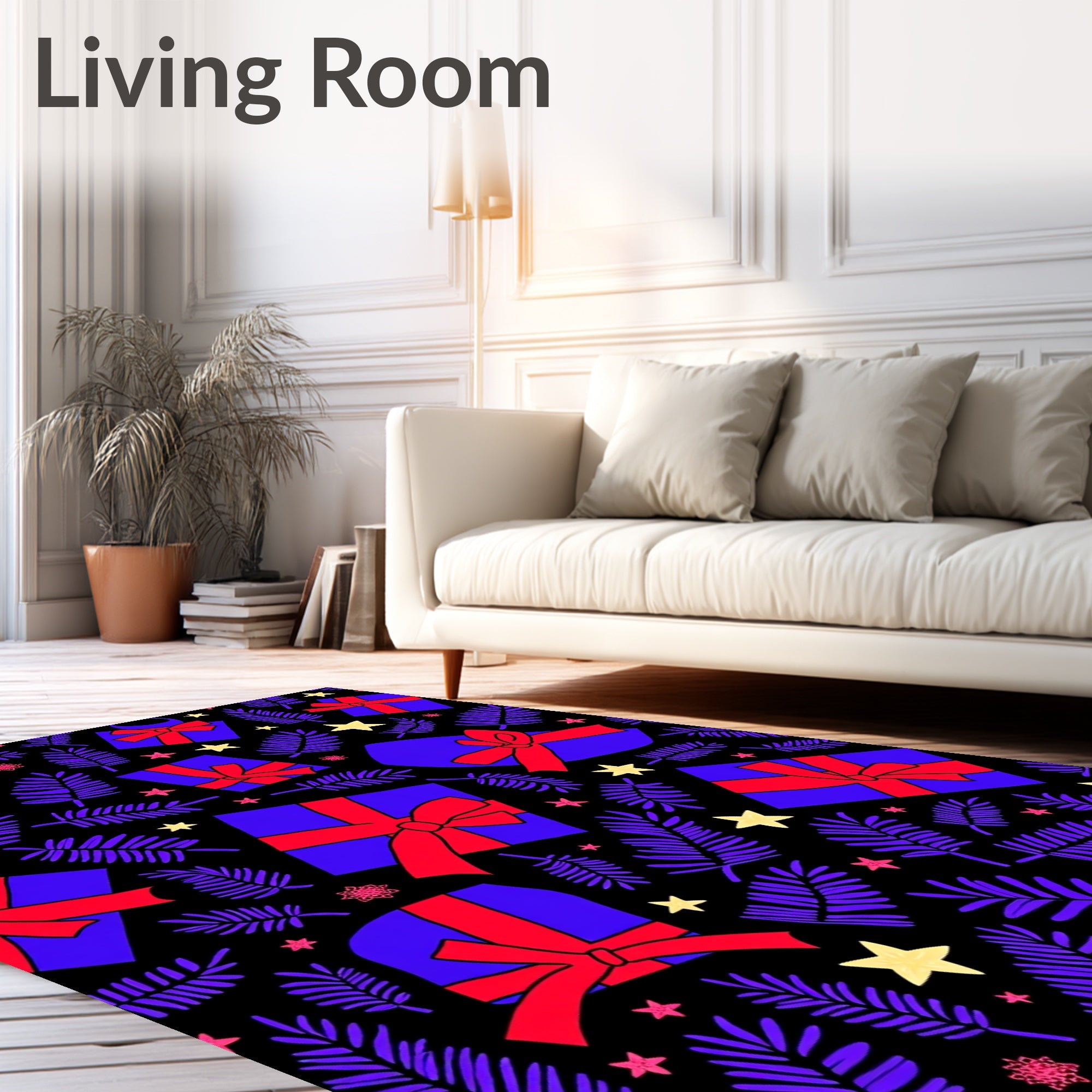 Bold Blue Gift Boxes Red Ribbons Stars Rug