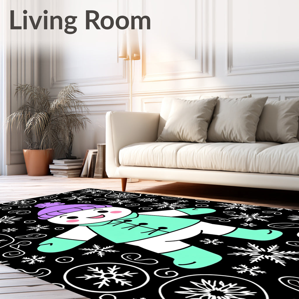 Cute Snowman With Purple Hat Snowflake Background Rug