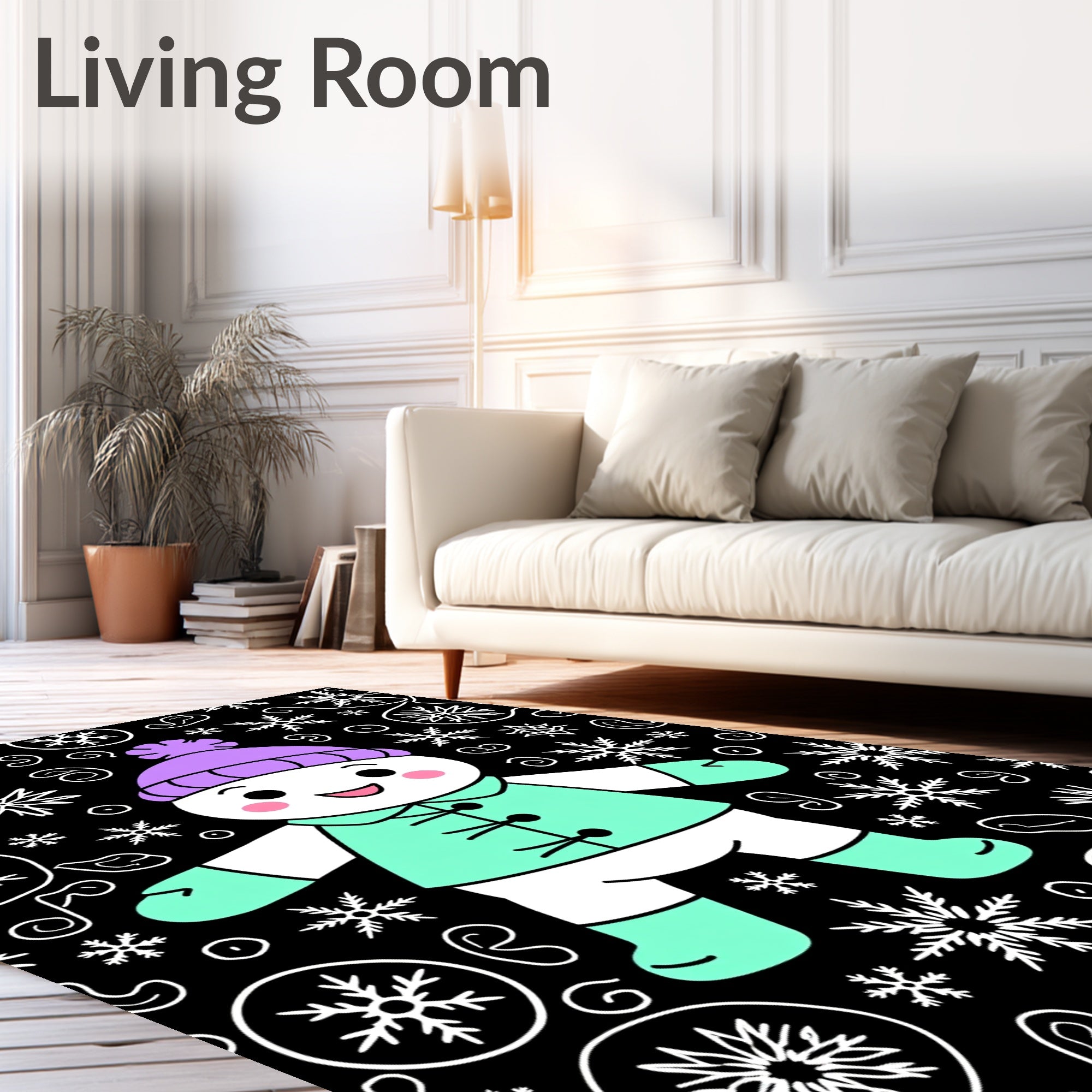 Cute Snowman With Purple Hat Snowflake Background Rug