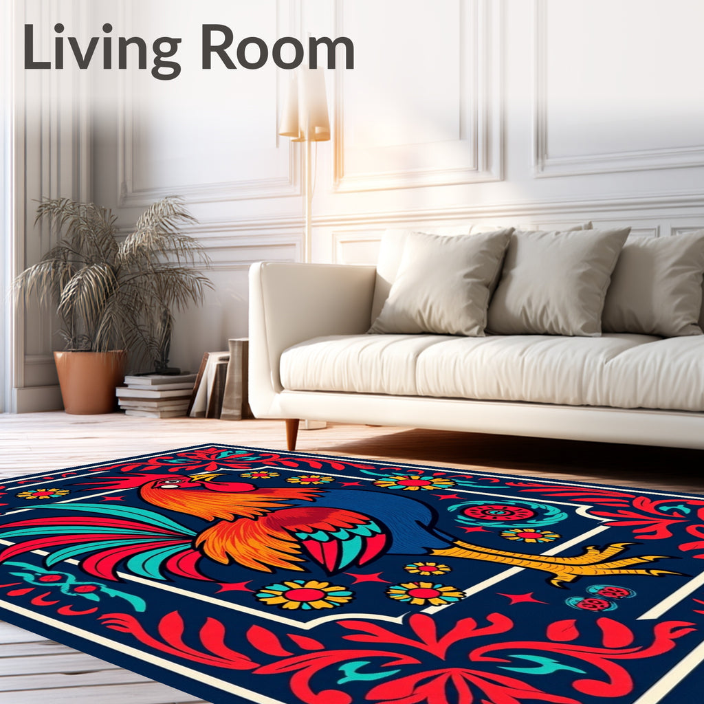 Bold Rooster Red Blue Floral Border Rug
