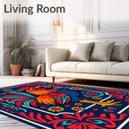Bold Rooster Red Blue Floral Border Rug
