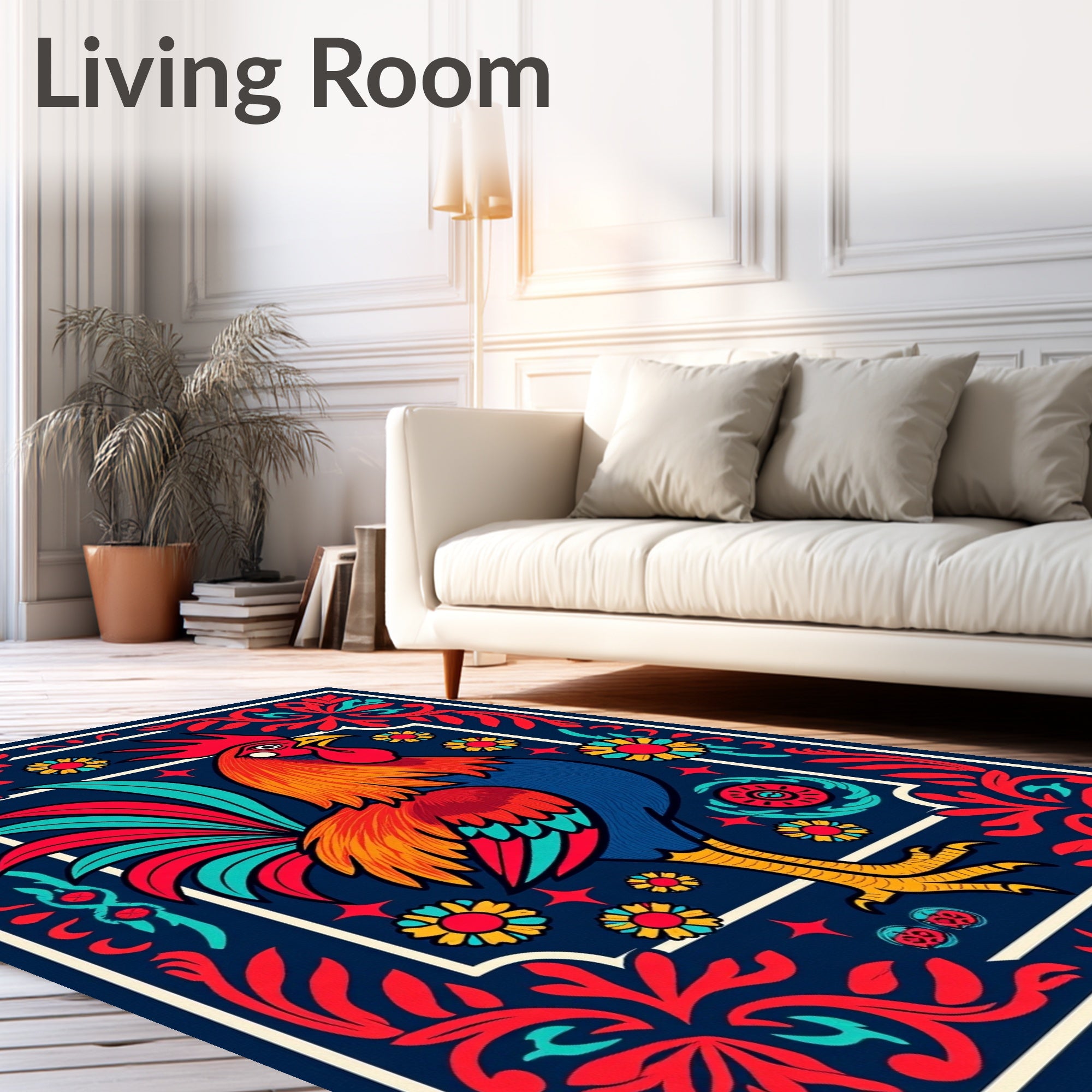 Bold Rooster Red Blue Floral Border Rug