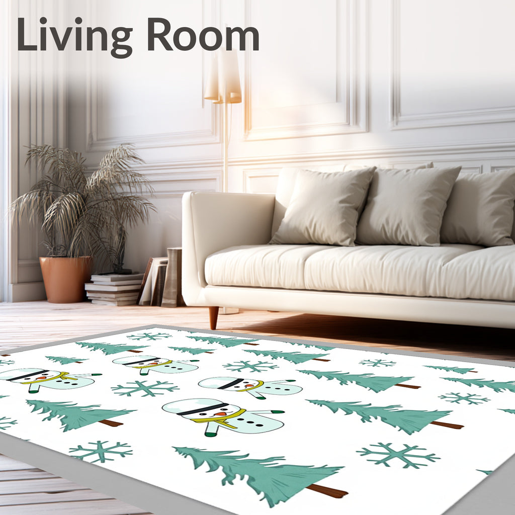 Festive Snowman Pine Tree Snowflakes Rug
