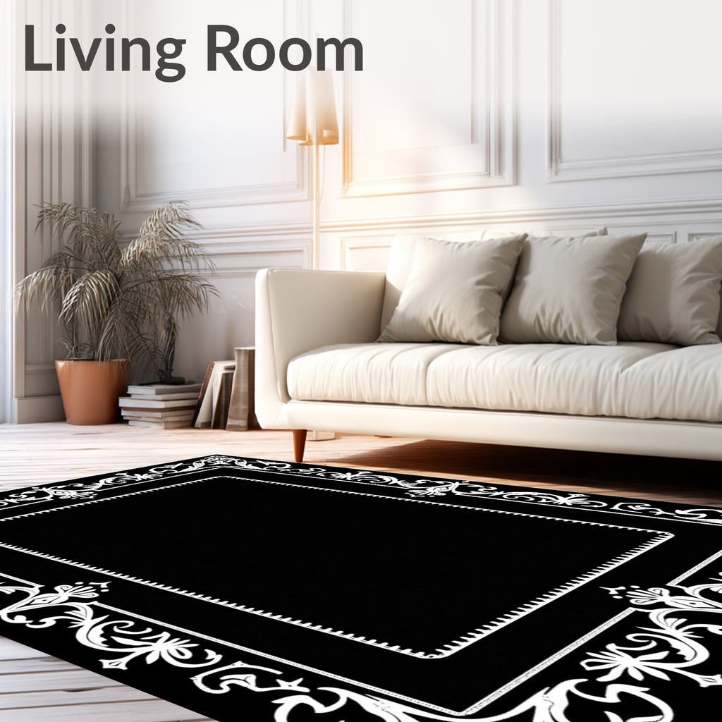 Ornate White Floral Border Rectangular Rug