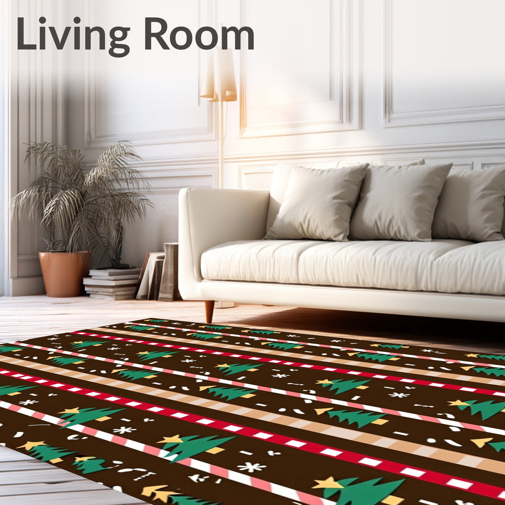 Festive Green Trees Brown Stripe Candy Cane Rug