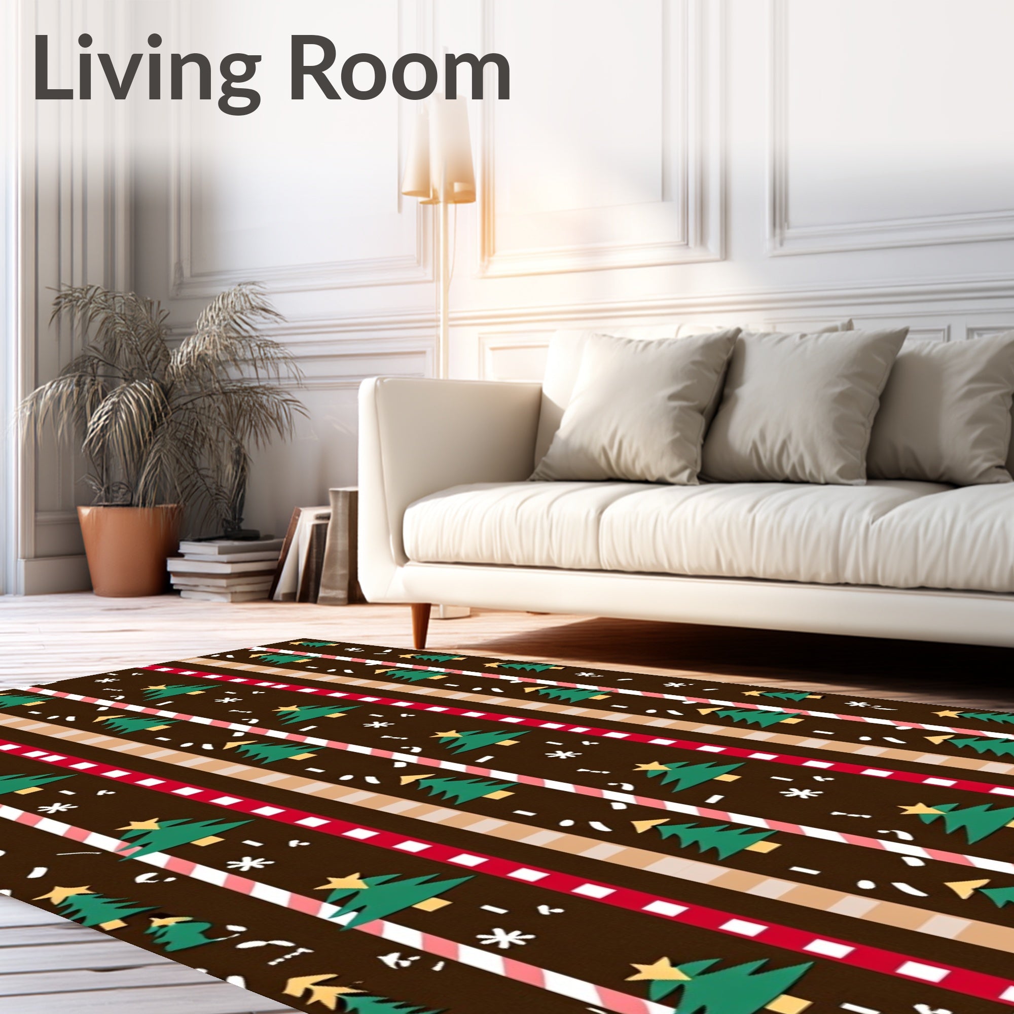 Festive Green Trees Brown Stripe Candy Cane Rug