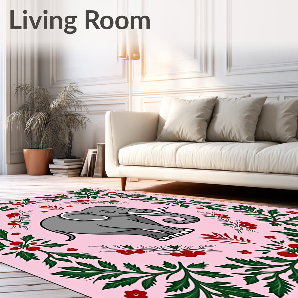 Whimsical Pink Elephant Floral Border Rug