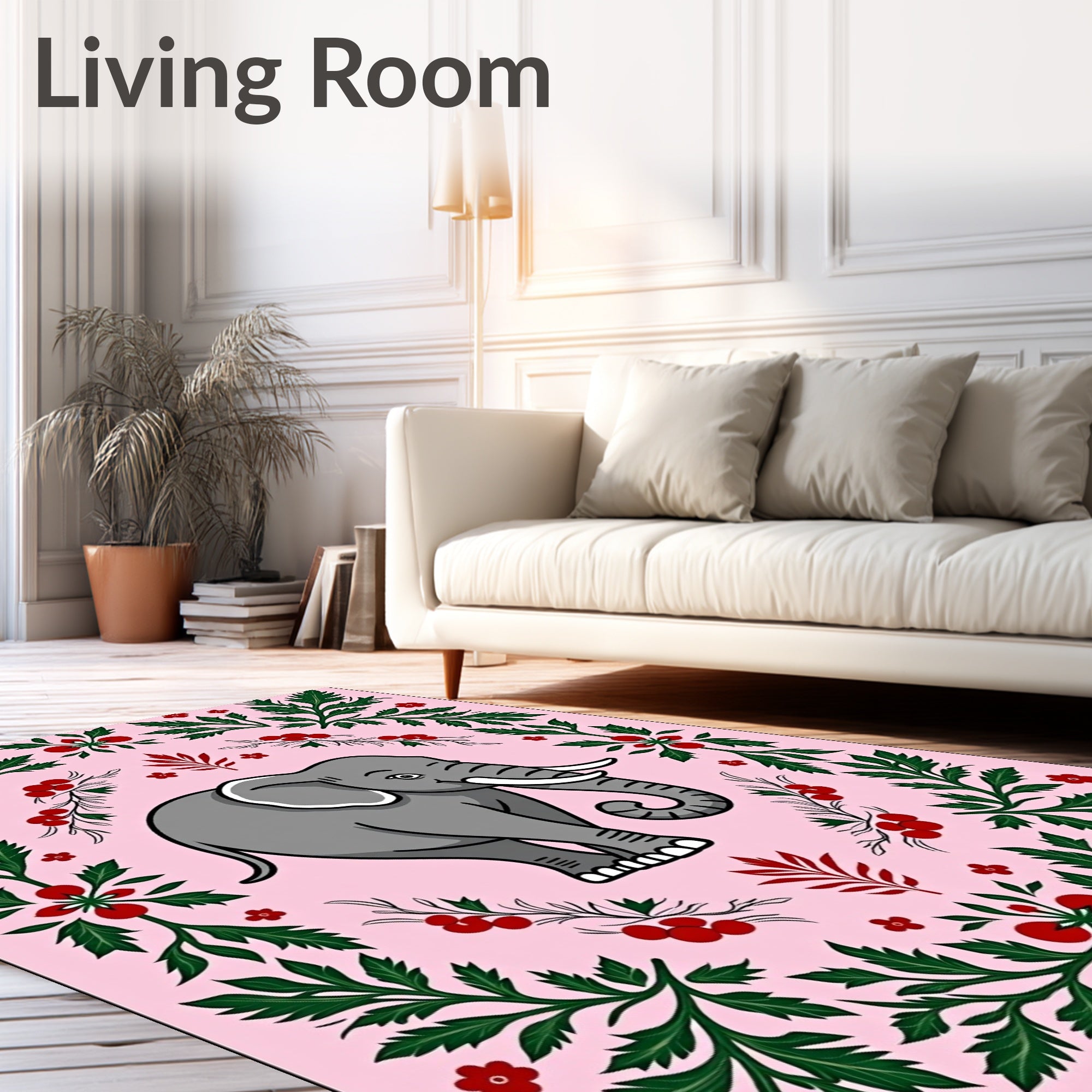 Whimsical Pink Elephant Floral Border Rug