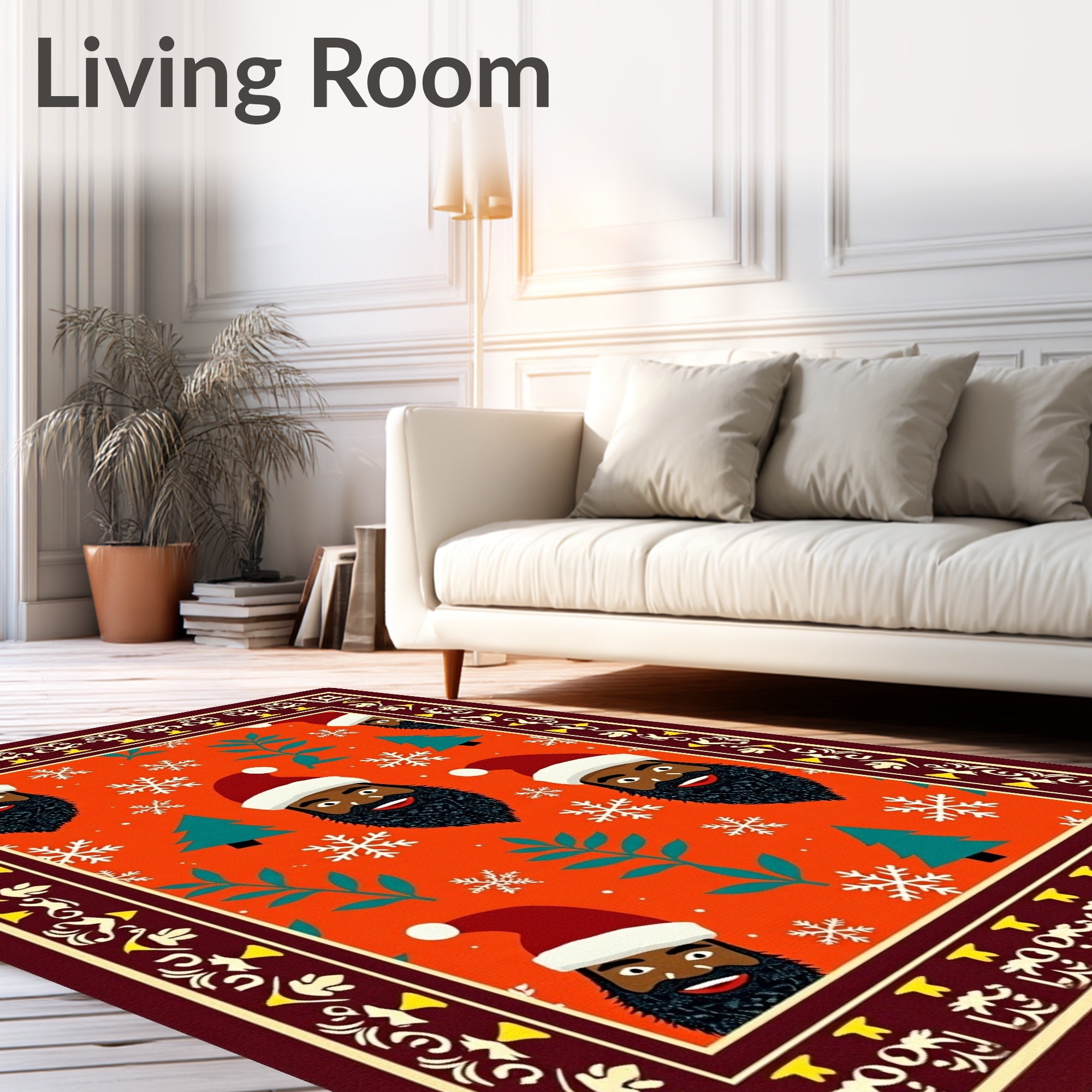 Festive Orange Santa Heads Snowflakes Trees Rug