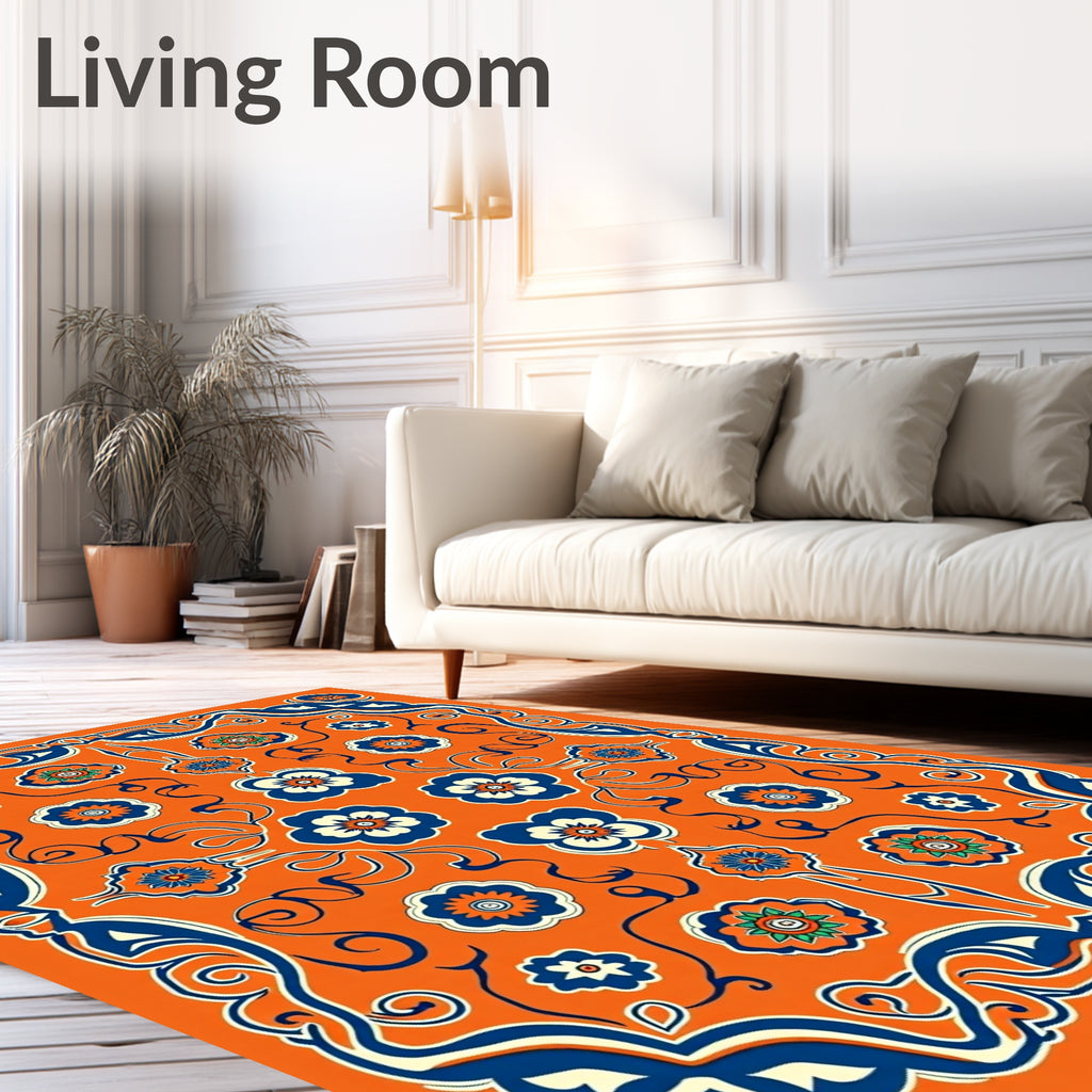Orange Navy Floral Scroll Medallion Rug