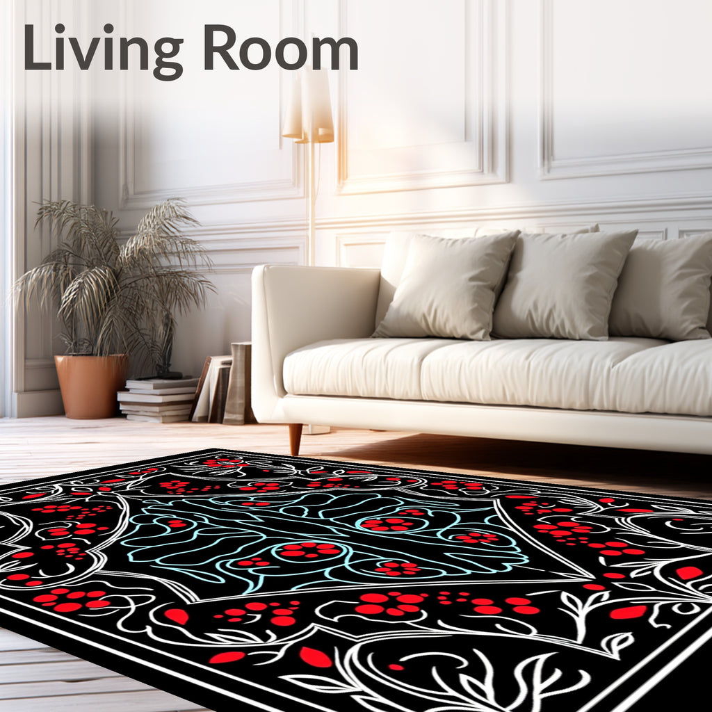 Retro Red Berry Floral Crest Rug