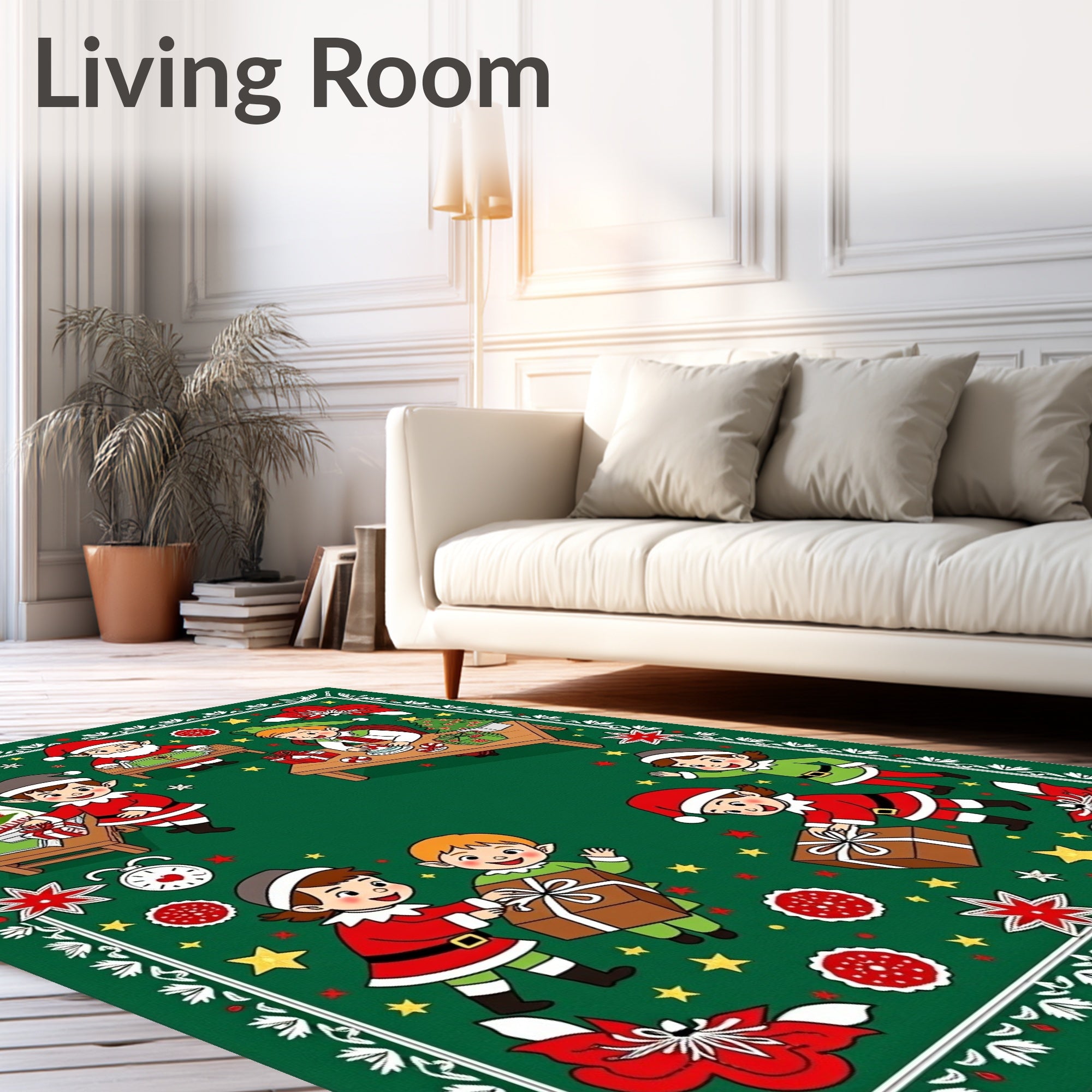 Whimsical Christmas Elves Wrapping Gifts Rug