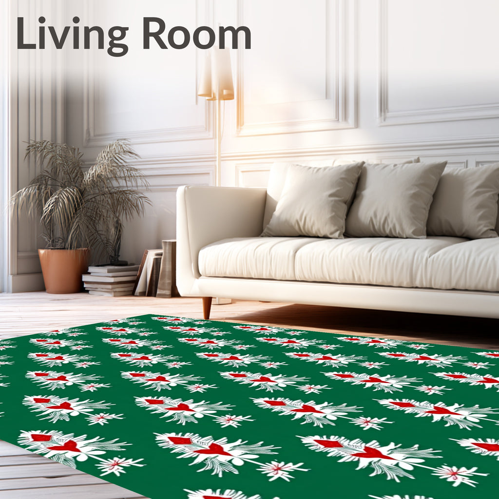 Green Red White Stylized Floral Repeat Rug