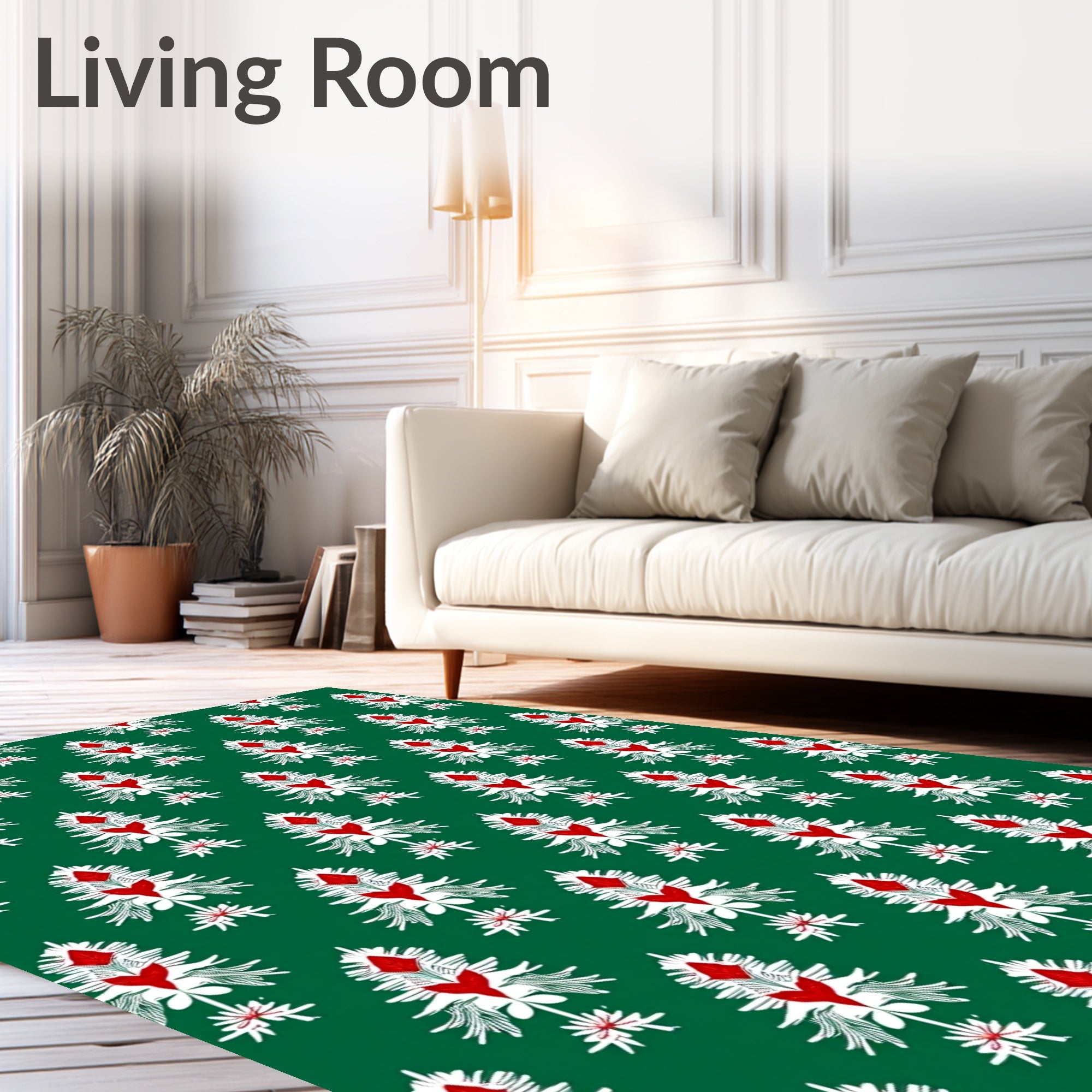 Green Red White Stylized Floral Repeat Rug