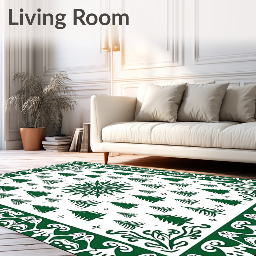 Green Forest Pine Tree Snowflake Medallion Rug