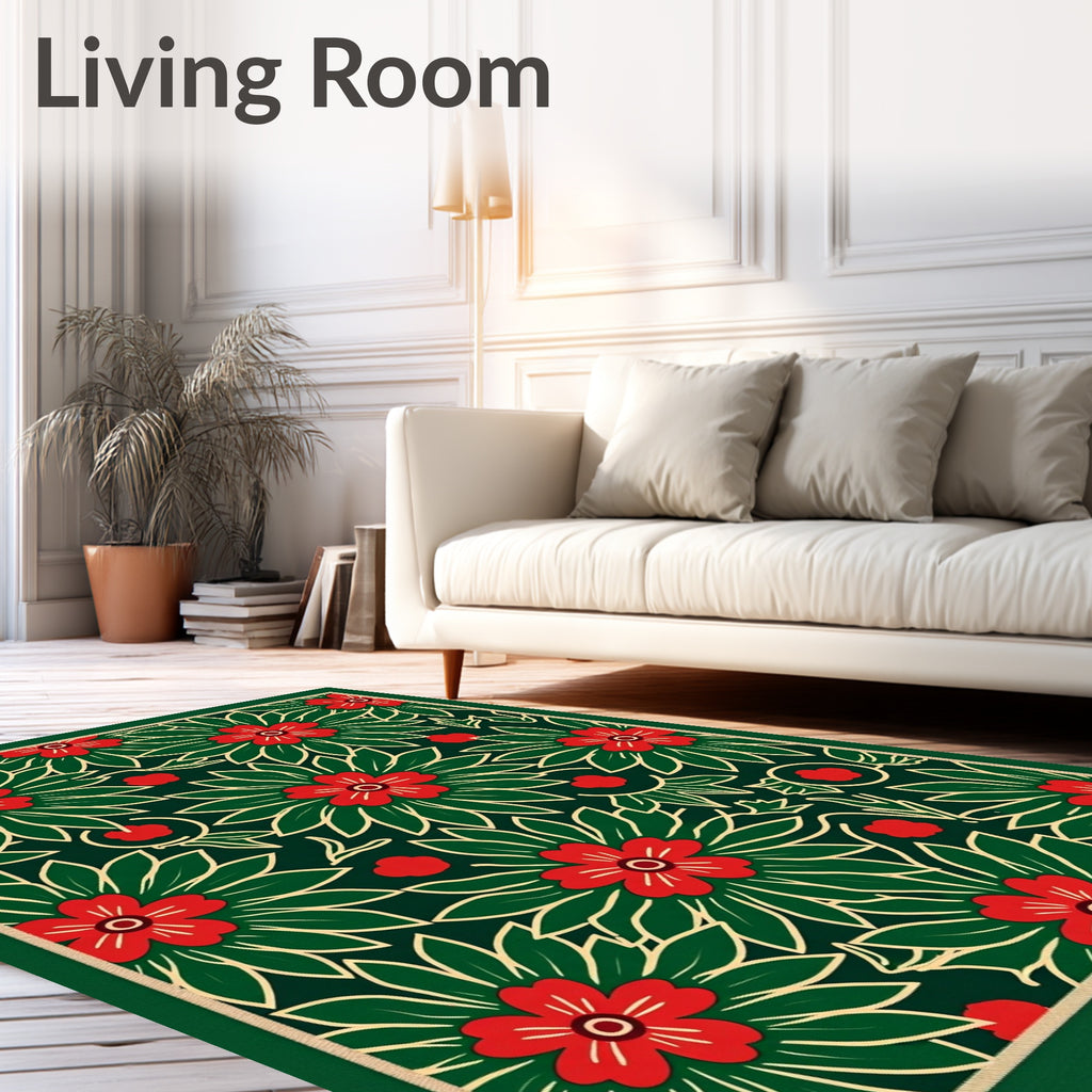 Festive Red Floral Green Leaf Background Rug