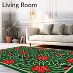Festive Red Floral Green Leaf Background Rug