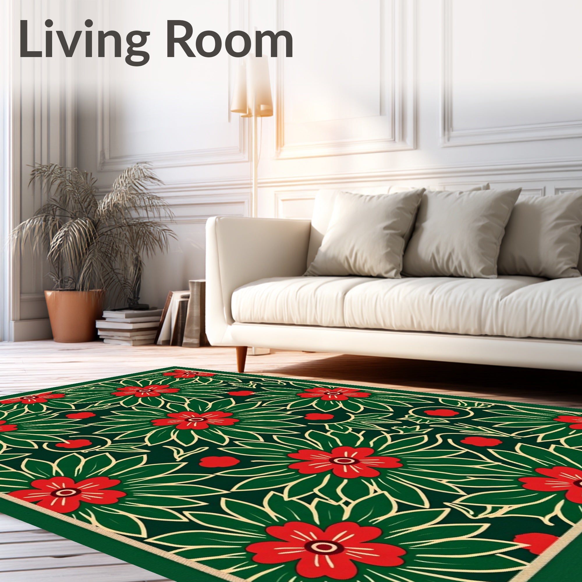 Festive Red Floral Green Leaf Background Rug