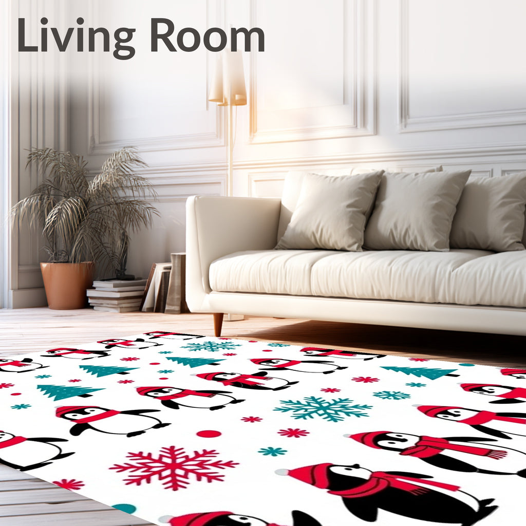 Whimsical Penguin Christmas Tree Snowflakes Rug