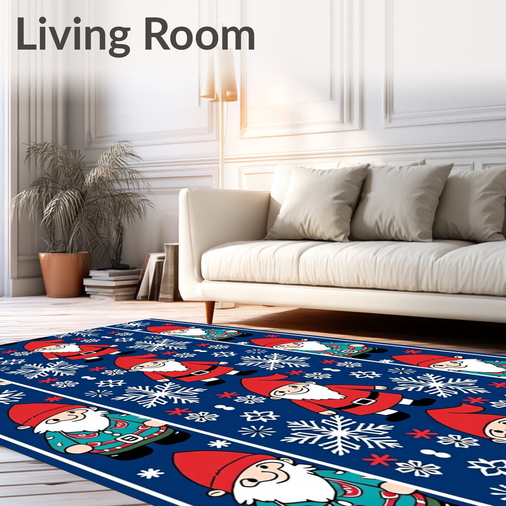 Festive Red Gnomes Snowflakes Blue Rug