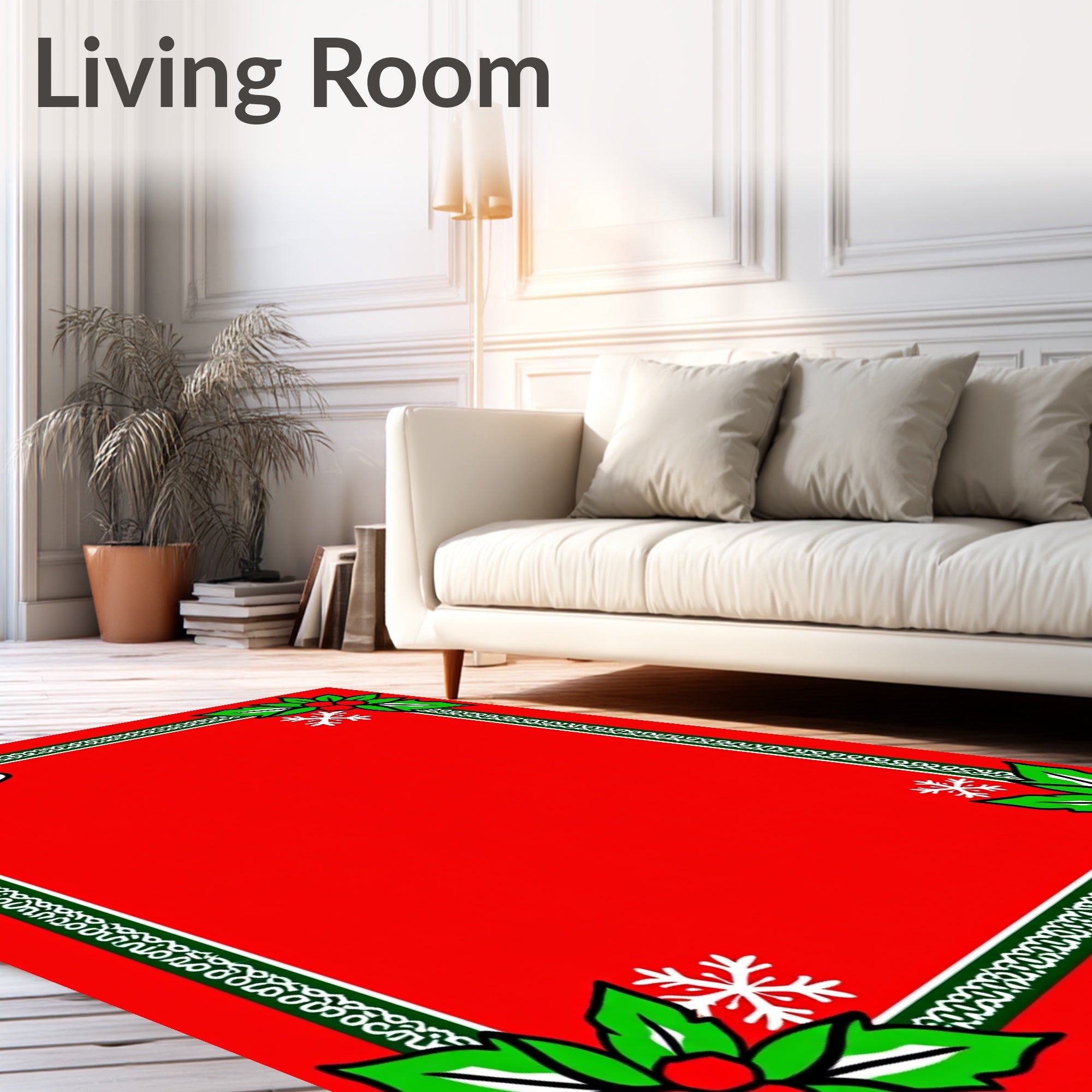 Red Festive Holly Snowflake Hat Border Rug