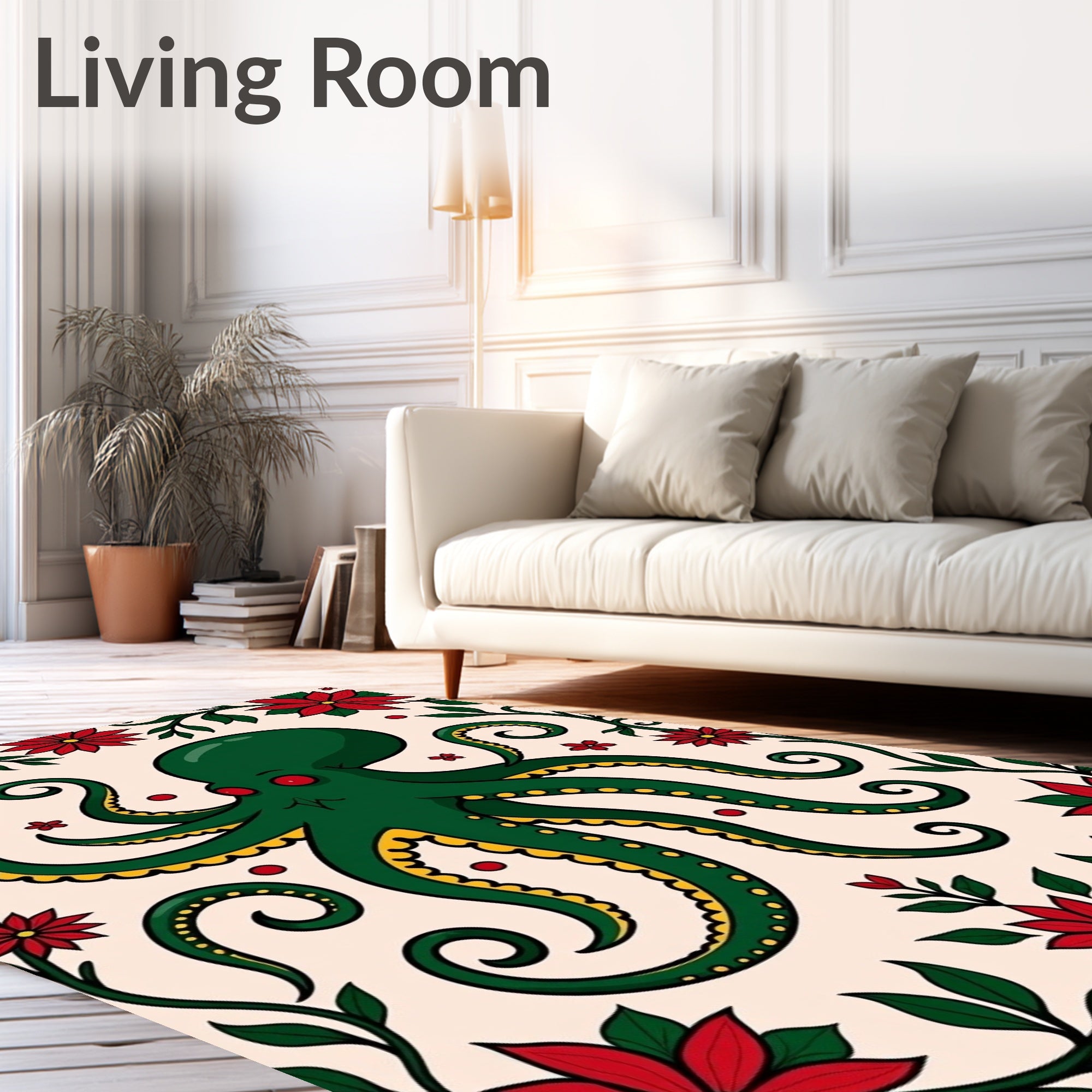 Green Octopus Red Floral Border Rug