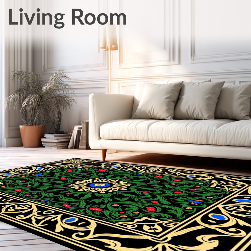 Rich Emerald Floral Art Nouveau Rug