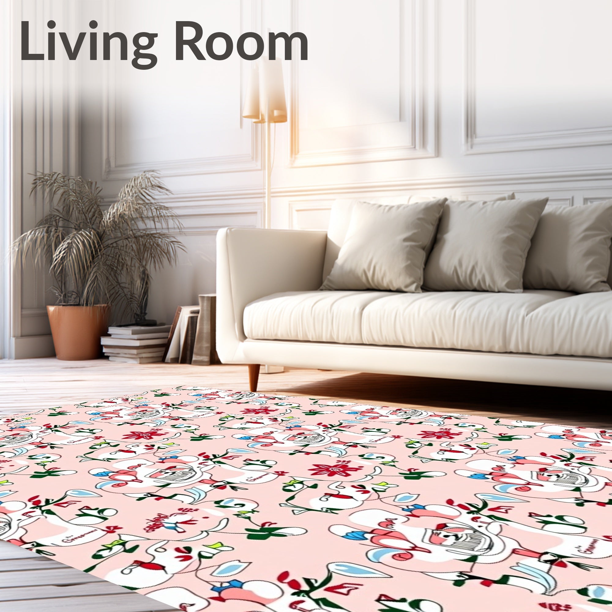 Whimsical Pink Floral Line Art Rug