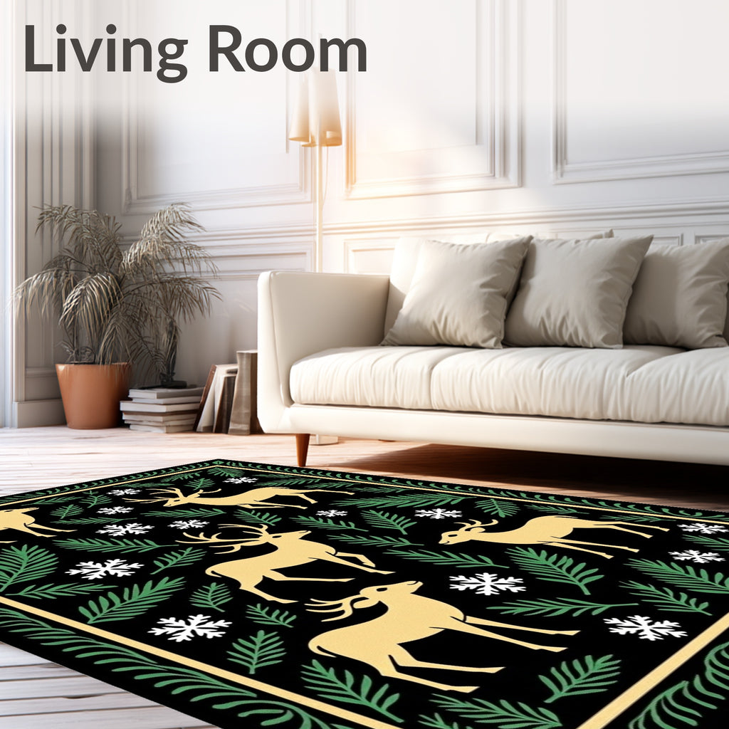 Golden Deer Snowy Forest Border Rug