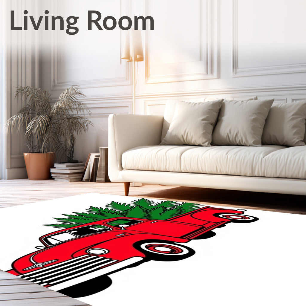 Vintage Red Truck Pine Tree Accents Rug