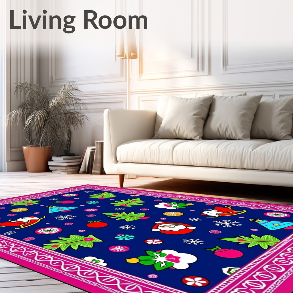 Festive Santa Snowman Christmas Trees Rug